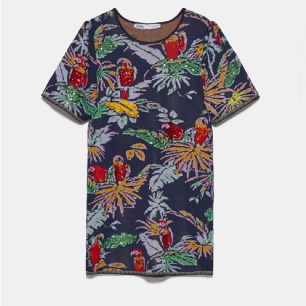 ZARA Sequin Bird/Parrot Printed tropical Jacquard Dress